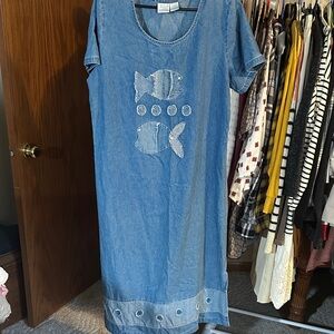 Blue Denim Dress with Fish appliqué-  Bleu Bayou